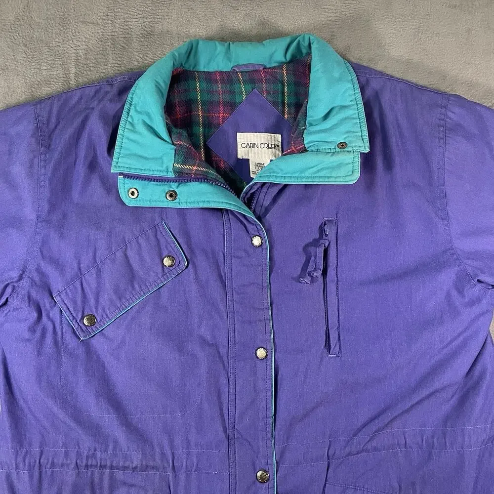 Vintage Cabin Creek Purple Teal Puffer Jacket Plaid Lined Women’s Size Large